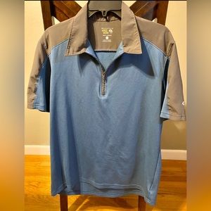 Men’s blue and grey Mountain Hardwear short sleeve collared shirt, quarter zip